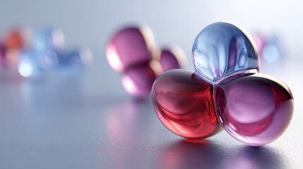Three colorful, glossy, transparent spheres with reflective surfaces, arranged in a triangular formation on a reflective surface with a blurred background.