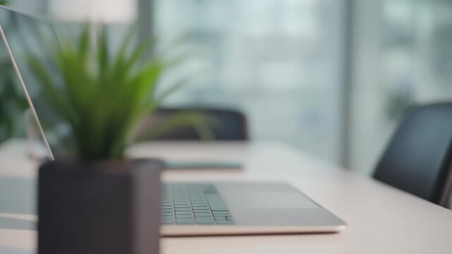 A laptop computer sits on a white desk next to a potted plant in a modern office setting.