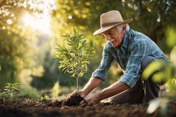 Elderly man planting tree in garden with sunlit background