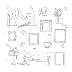 Hand drawn sketch collection of cozy living room interior elements