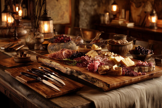 A large handmade bamboo serving platter and a matching set of smaller meat and cheese boards are set on a rough linen tablecloth. The large main board is piled high with a generous serving of deli mea