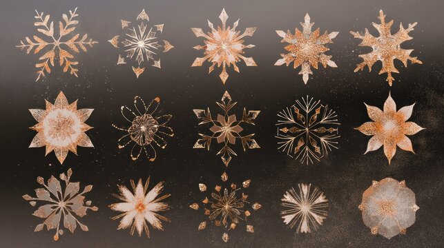 A collection of 12 golden snowflakes with intricate designs, arranged in a grid pattern on a dark background with a subtle gradient.