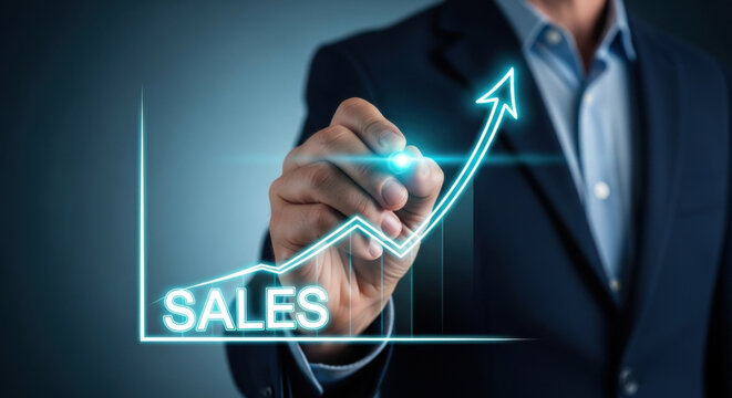 Hand drawing glowing sales graph on dark blue background, showcasing business growth with an upward arrow. Man in navy suit jacket present the chart.