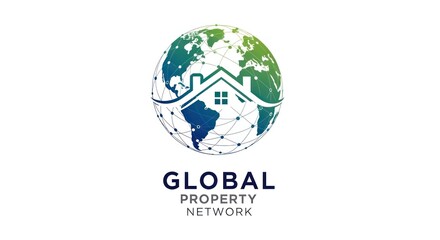 Fototapeta premium A globe with a house icon overlaid, connected by a network. Text below