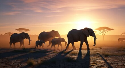 Fototapeta premium A herd of elephants, silhouetted, marches across the savanna against a golden sunset