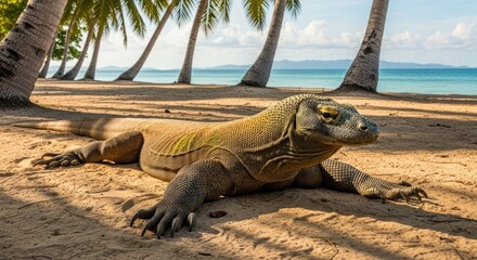 A Komodo dragon rests on a sandy beach under palm trees, overlooking the ocean