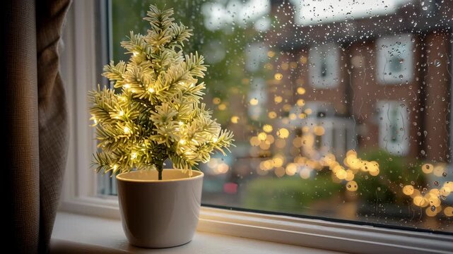 A small Christmas tree is lit up and sitting on a windowsill. Christmas tree for small space, contemporary micro christmas tree on a window ledge, soft lighting, simple and serene festive style