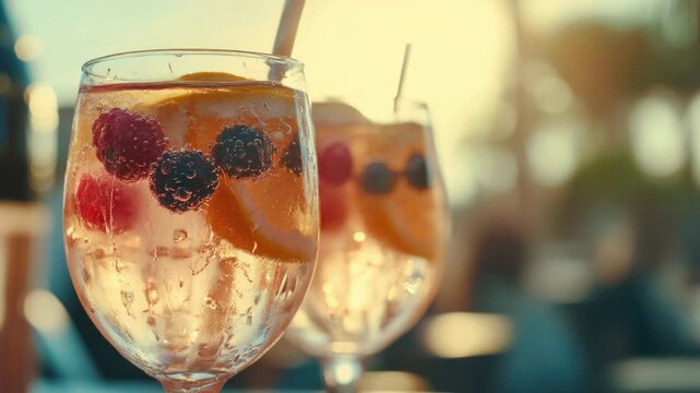 Video A close-up view of two wine glasses filled with fresh fruit