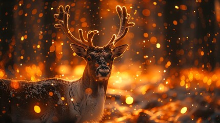 Fototapeta premium Christmas Reindeer with Glowing Golden Bokeh in Snow