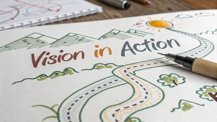 A sketched roadmap depicting vision in action with mountains and sun