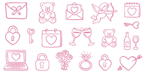  Large vector icon set for Valentine's Day in a cute doodle style. Love, romance, and festive decor elements: Cupid, hearts, teddy bears, cake, strawberry, rings, roses, champagne, cosmetics, locks, a