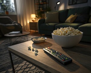 A television remote and popcorn on a table for movie night