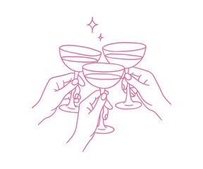 Hands toasting glasses with a drink in a linear doodle style with sparkle accents. Vector illustration of a toast, holiday, party, celebration, and anniversary. Perfect for cards, invitations, romanti