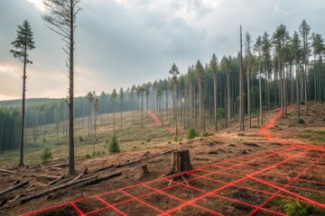 A view of deforestation with disappearing trees and grid overlay