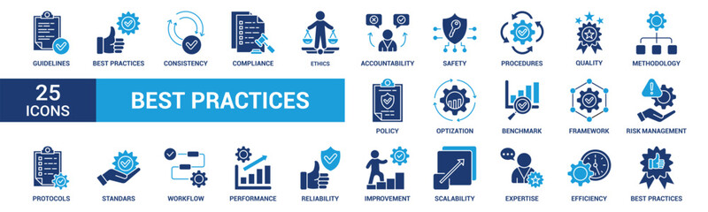 Best practices icon set. Containing workflow, guidelines, performance, standards, improvement, protocols, procedures and methodology. Solid vector icons collection.