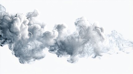 A dense cloud of gray smoke billows across a white background, with a hint of a dark, shadowy figure in the distance.