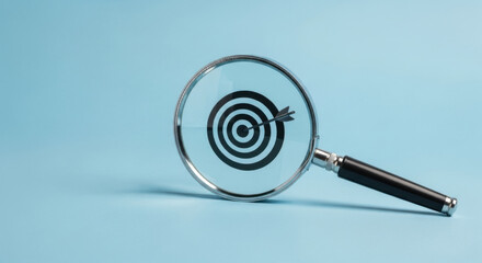 Conceptual studio shot of a magnifying glass focusing on a target with an arrow hitting the bullseye on a blue background. Emphasizes accuracy and achieving goals.