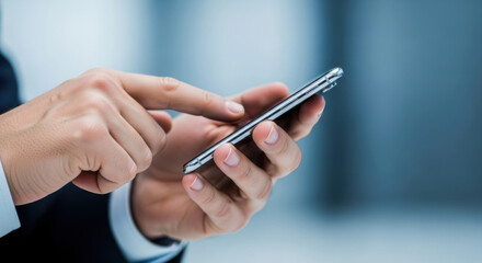 A man's hands hold and operate a sleek silver smartphone against a soft, blurred blue background, symbolizing modern communication and technology.