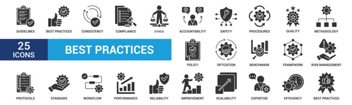 Best practices icon set. Containing workflow, guidelines, performance, standards, improvement, protocols, procedures and methodology. Glyph vector icons collection.