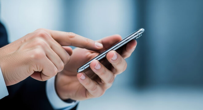 A man's hands hold and operate a sleek silver smartphone against a soft, blurred blue background, symbolizing modern communication and technology.