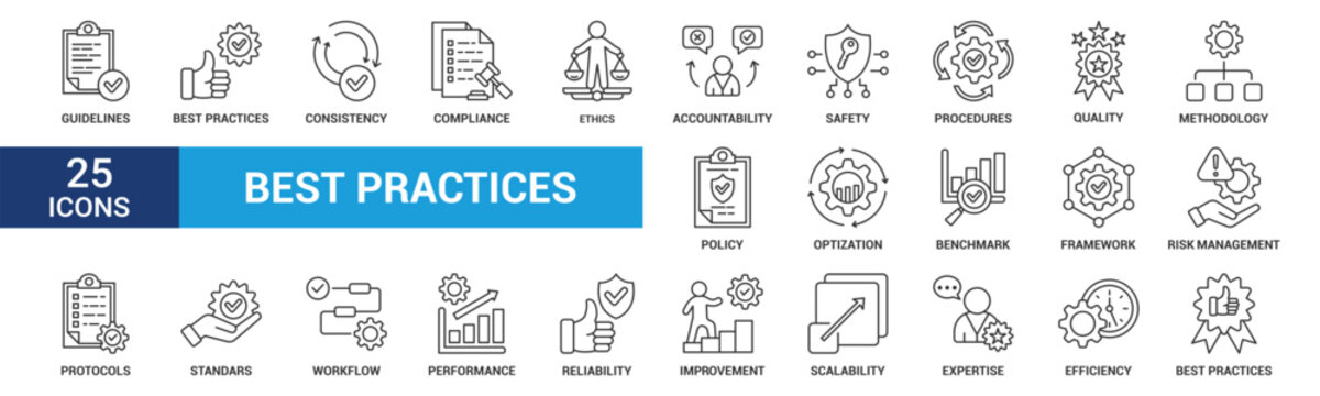 Best practices icon set. Containing workflow, guidelines, performance, standards, improvement, protocols, procedures and methodology. Outline vector icons collection.