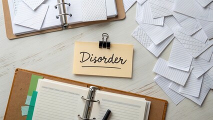 Flat lay of papers with binder clip and the word Disorder