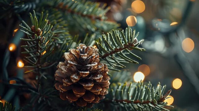 Video A pinecone hangs from a Christmas tree branch, adding natural charm to the holiday decor