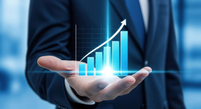 A businessman in a suit holds a glowing bar graph, symbolizing growth and success with bright light on a blurred blue background, demonstrating business progress.