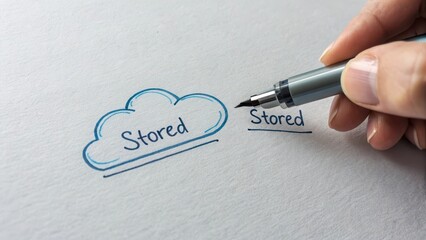 Hand drawing a cloud icon with pen labeled stored