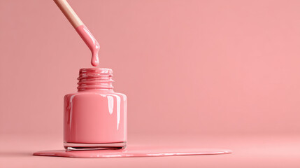 A stunning close-up of light pink nail polish dripping gracefully from its applicator into the bottle, evoking a sense of elegance and personal beauty care