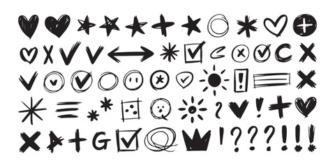 Hand drawn doodle design elements set including stars hearts arrows checks and abstract shapes for various uses