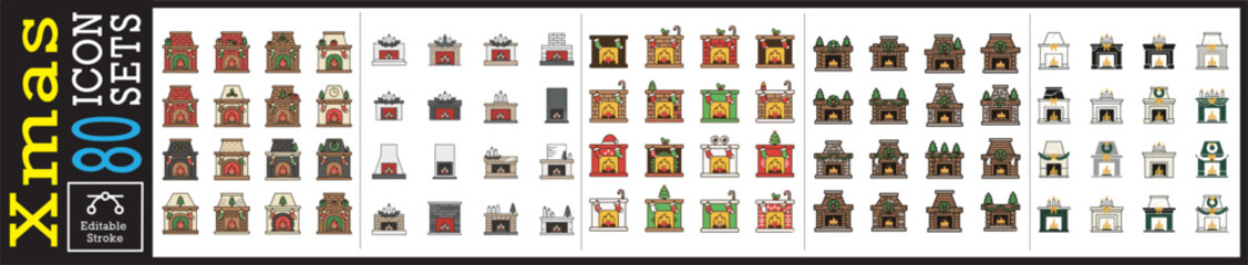 Naklejka premium Festive fireplace icons for cozy winter designs and holiday cheer, perfect for seasonal marketing campaigns and adding warmth to any project with 80 unique designs