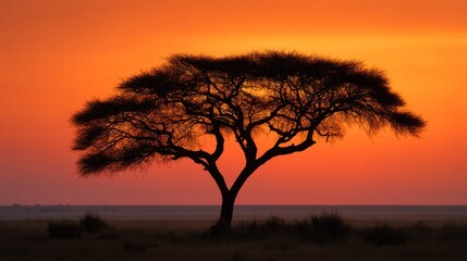 A solitary acacia tree silhouetted against a vibrant orange and red sunset sky, with a vast, open savanna landscape in the background.
