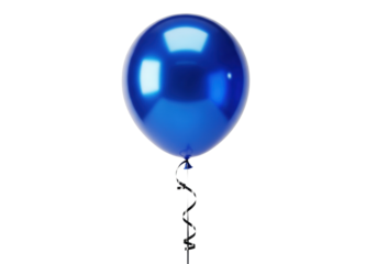 perfectly spherical, high-gloss electric blue latex balloon with a black curling ribbon, centered on a high-key white studio background. luxury birthday celebration atmosphere