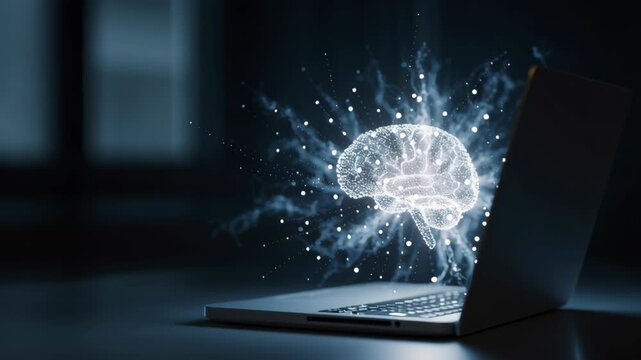 A laptop computer screen displaying a brain with a glowing aura. Close-up of glowing neural data hologram above laptop, symbol of AI supporting mental health in hybrid work, hybrid work mental health