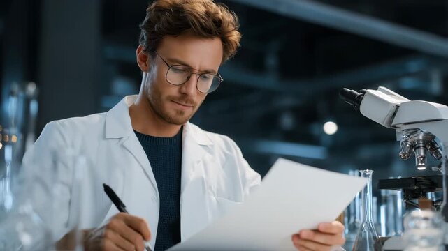 Scientist conducts research and takes notes on advances in machine realism in a modern laboratory setting