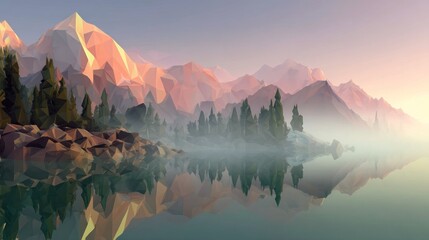 A serene, low-poly mountain landscape with a calm lake, surrounded by trees and a misty horizon, at sunset or sunrise, with a warm, golden hue and soft, diffused lighting.