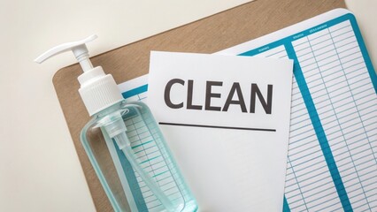 Hand sanitizer bottle and data sheets promoting cleanliness