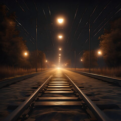 Nighttime Railway Path with Street Lights