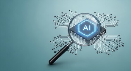 Magnifying glass reveals an AI microchip within circuit board patterns on blue backdrop