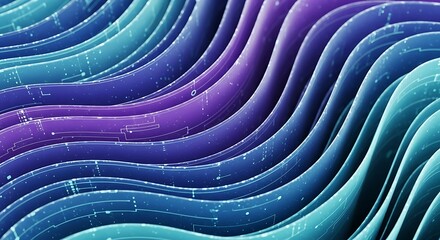 Wavy ribbons transition from violet to blue with digital circuit patterns displayed in the image