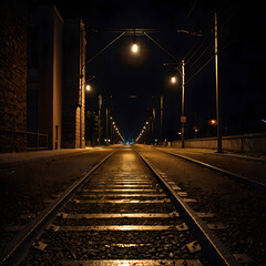 Nighttime Train Tracks with Streetlights