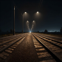 Railway in the Countryside, Night Landscape, Rural Tranquility