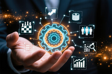 Business process management and workflow automation diagram with gears and icons with connection line network in background. Manager touching interface