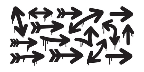 Set of hand drawn graffiti arrows with paint drips on white background black graphic elements street art style