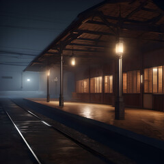 Quiet and atmospheric train station at night with fog and soft lighting, evoking solitude.