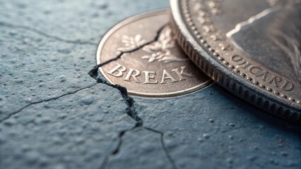 Macro of a broken coin demonstrating financial instability