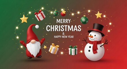 Cheerful Christmas gnome stands near smiling snowman with twinkling lights and colorful gifts