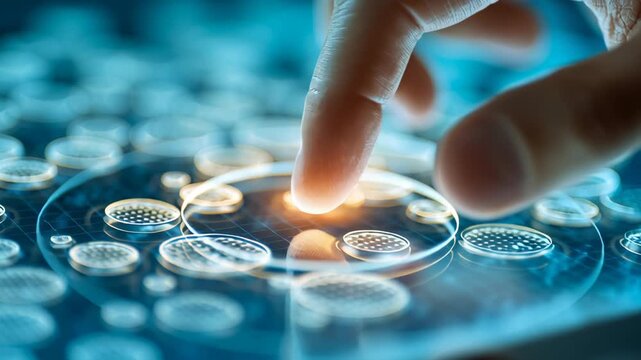 Close-up of human hand interacting with holographic cell analysis display, precision biotechnology concept, soft blue lighting, ai biomedical analysis