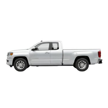 Side view of a white pickup truck with a crew cab isolated on white background